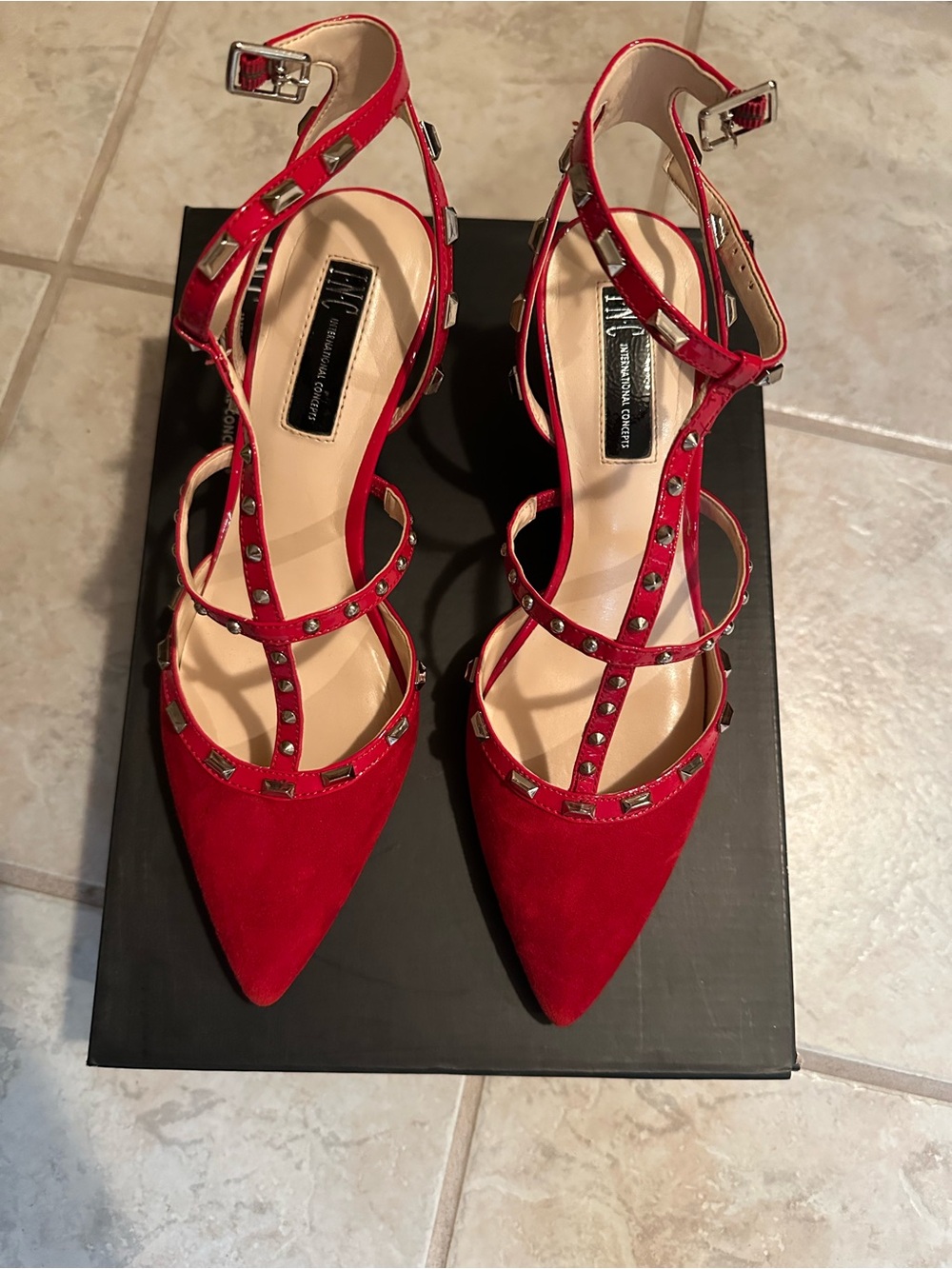 INC International Concepts Red Studded Strappy Pointed-Toe Heels